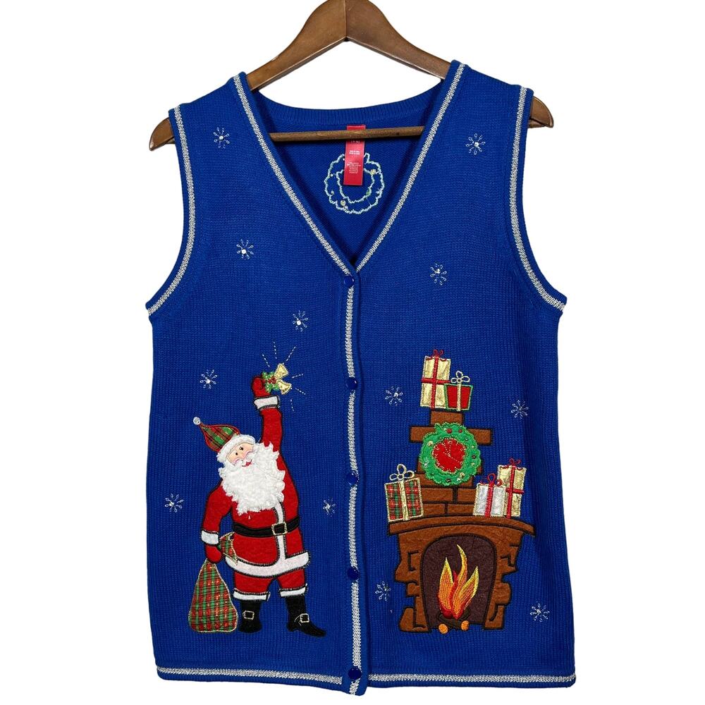 Christmas Sweater Vest Cardigan Knit Button Front Blue White - S